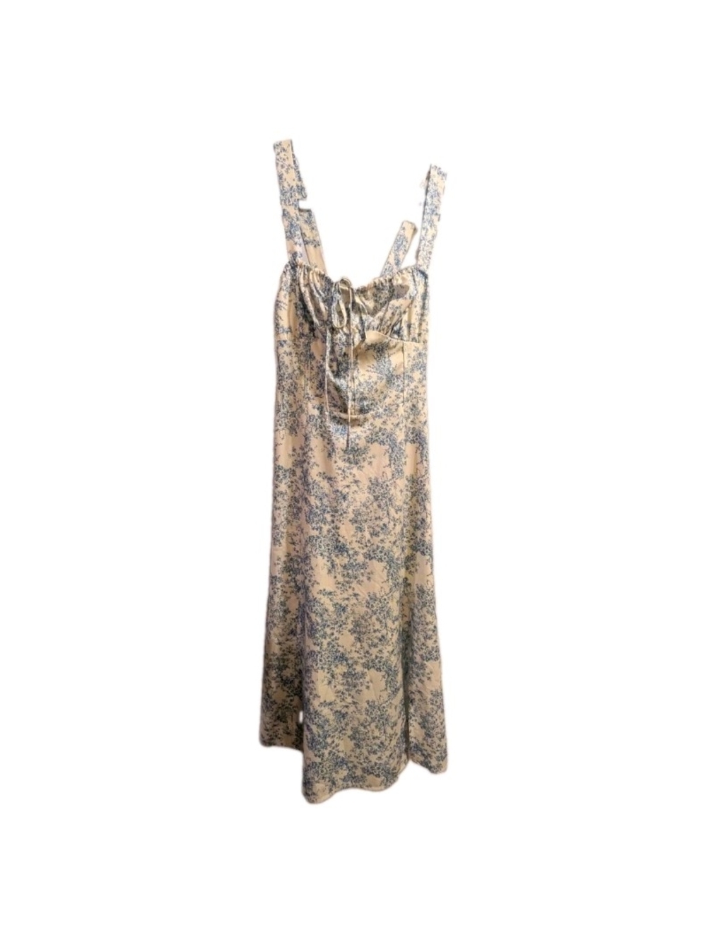 RIHOAS Cream and Blue Floral Midi Slip Dress with Tie-Front